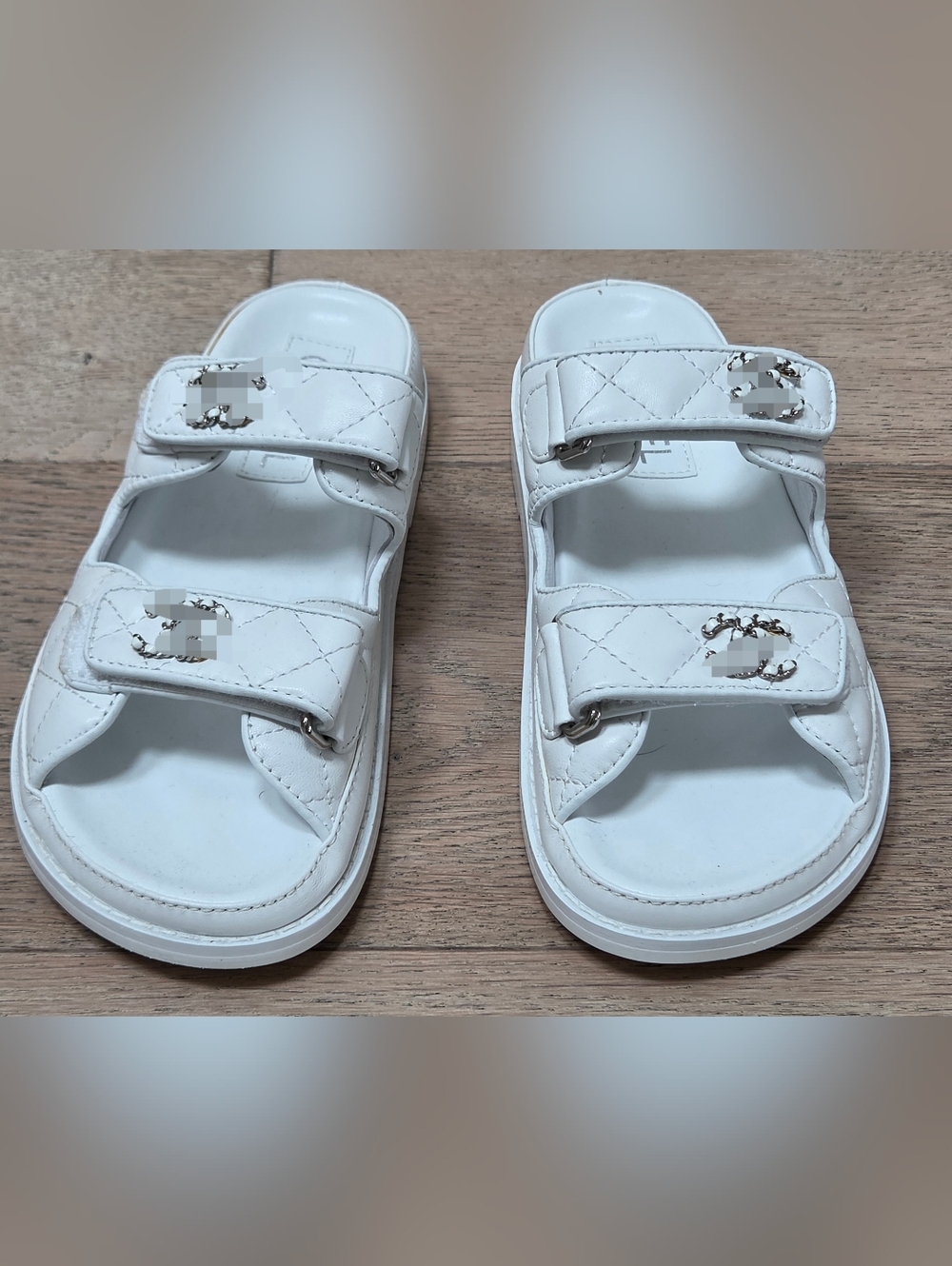 White Quilted Double-Strap Slide Sandals with Logo Accent